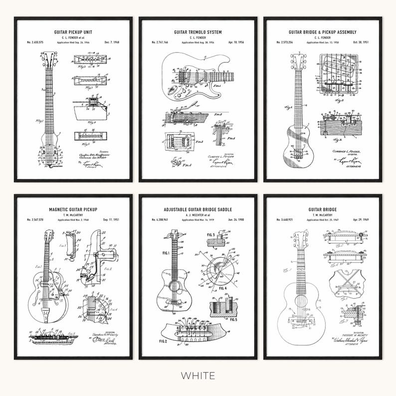 Peut inclure: Six impressions encadr&eacute;es en noir et blanc de brevets de guitare. Les impressions pr&eacute;sentent des sch&eacute;mas d&eacute;taill&eacute;s de composants de guitare, dont un micro, un syst&egrave;me de tr&eacute;molo, un chevalet et une selle. Le mot "WHITE" est en bas.