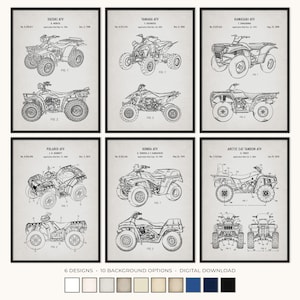 Puede incluir: Seis impresiones de patentes de ATV enmarcadas en marcos negros. Cada impresión presenta dos dibujos lineales detallados de diferentes modelos de ATV, con diagramas técnicos y etiquetas. Las impresiones se muestran sobre un fondo neutro, con texto en la parte inferior que indica las opciones de diseño y fondo.