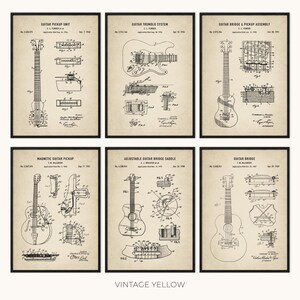 Peut inclure: Six cadres vintage affichant des sch&eacute;mas de guitares. Les titres incluent "Guitar Pickup Unit" et "Guitar Tremolo System". Le texte "Vintage Yellow" est affich&eacute; en bas des impressions.