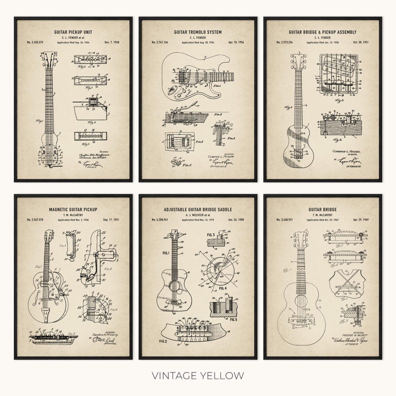 Peut inclure: Six cadres vintage affichant des sch&eacute;mas de guitares. Les titres incluent "Guitar Pickup Unit" et "Guitar Tremolo System". Le texte "Vintage Yellow" est affich&eacute; en bas des impressions.