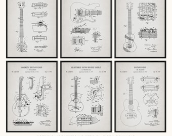 Lot de 6 gravures de brevet de guitare, décoration de salle de musique, téléchargement numérique