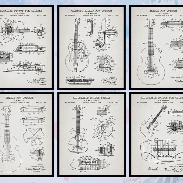Set Of 6 Vintage Guitars Patent Print. Guitars Poster. Guitar Wall Art. Music Teacher Gift. Guitarist Gift. Musical Art. Digital Download.