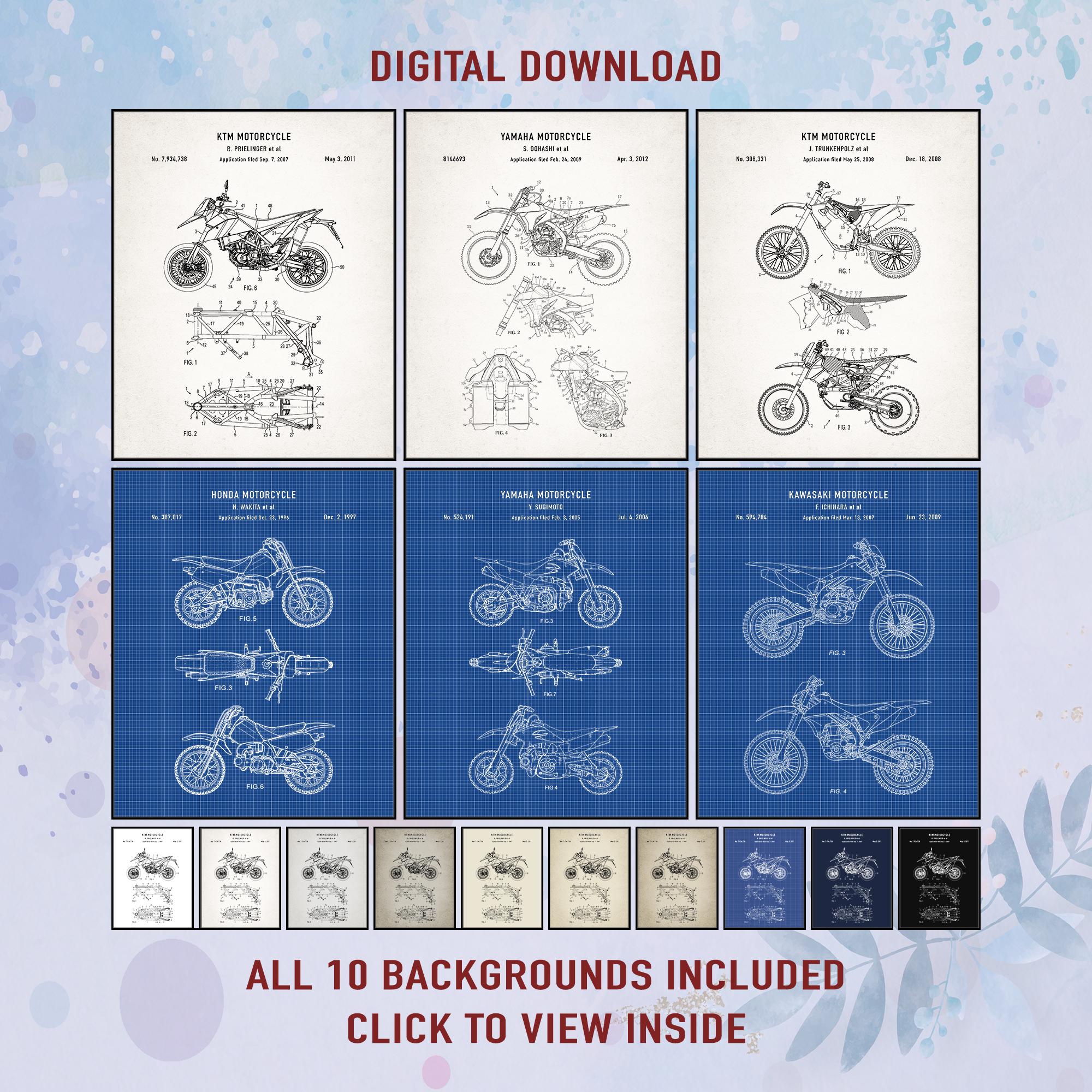 Dirt Bike Patent Print Set of 6, Vintage Motocross Wall Art, Digital Download for Biker Room, Man Cave Garage Decor, Gift for Off-Road Rider