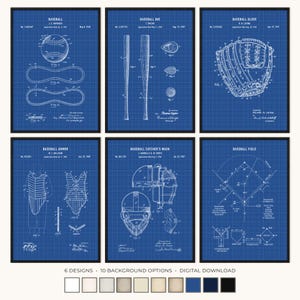 May include: A set of six framed baseball blueprint art prints. Each print showcases a different baseball element, such as a ball, bat, glove, armour, catcher's mask, and field layout. The prints are on a blue grid background with white line drawings.