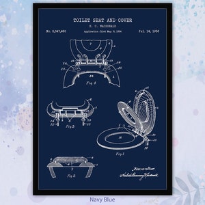 Set of 6 Vintage Bathroom Patent Print. Navy Blue Wall Art. Shower Faucet. Toilet Bowl ...