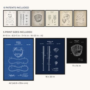 May include: Collection of framed baseball patent prints in various sizes. Includes blueprints of a baseball, bat, and glove. The prints are in black frames and include the text "6 PATENTS INCLUDED" and "5 PRINT SIZES INCLUDED".