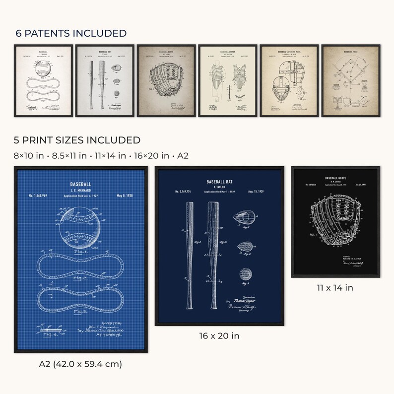 May include: Collection of framed baseball patent prints in various sizes. Includes blueprints of a baseball, bat, and glove. The prints are in black frames and include the text "6 PATENTS INCLUDED" and "5 PRINT SIZES INCLUDED".