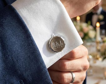 Groom Cufflinks and Tie Clip Set, Personalised Silver