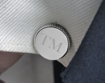 Silver Personalised Engraved - Monogram Initial - Round Cufflinks - Wedding / Anniversary Gift - Personalised Engraved - Free Gift Box