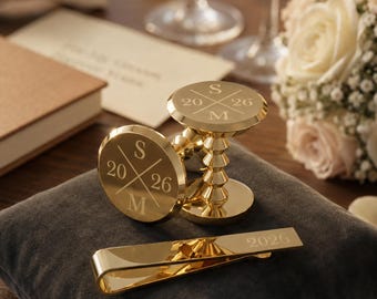 Father of the Bride Cufflinks and Tie Clip Set, Personalised Gold