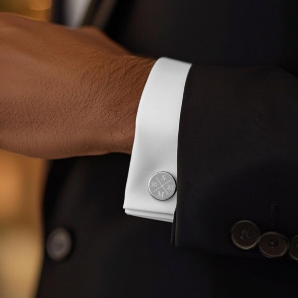 Personalised Silver Groom Cufflinks, Engraved Initials and Wedding Date