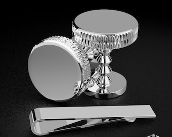 Engraved Silver Cufflink & Tie Clip Set | Engraved for Him | Gift Set for Groom | Custom Initials Personalized Gift | Wedding