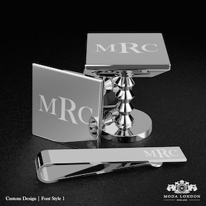 Personalized Silver Cufflinks and Tie Clip Set - Custom Engraved, Elegant Men&#39;s Accessories for Formal Wear, Wedding