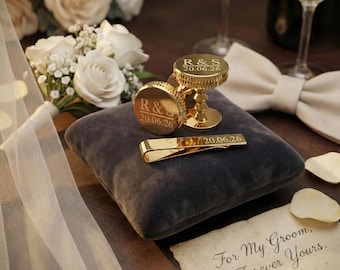 Groomsmen Cufflinks and Tie Clip Set, Personalised Gold