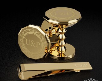 Engraved Gold Cufflink & Tie Clip Set | Personalized Initial Gift