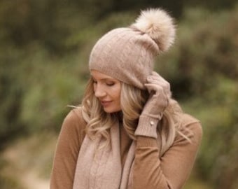 Pure cashmere hat and glove set, matching cable hat and gloves, Pom Pom hat, gloves