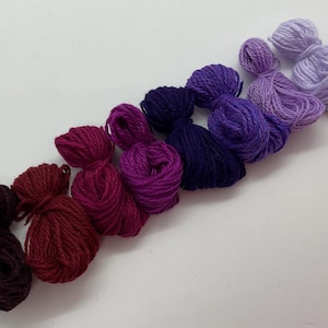 Pure cashmere darning yarn in various shades of purple, through burgundy to lilac thread, cashmere thread, darning thread, cashmere repair