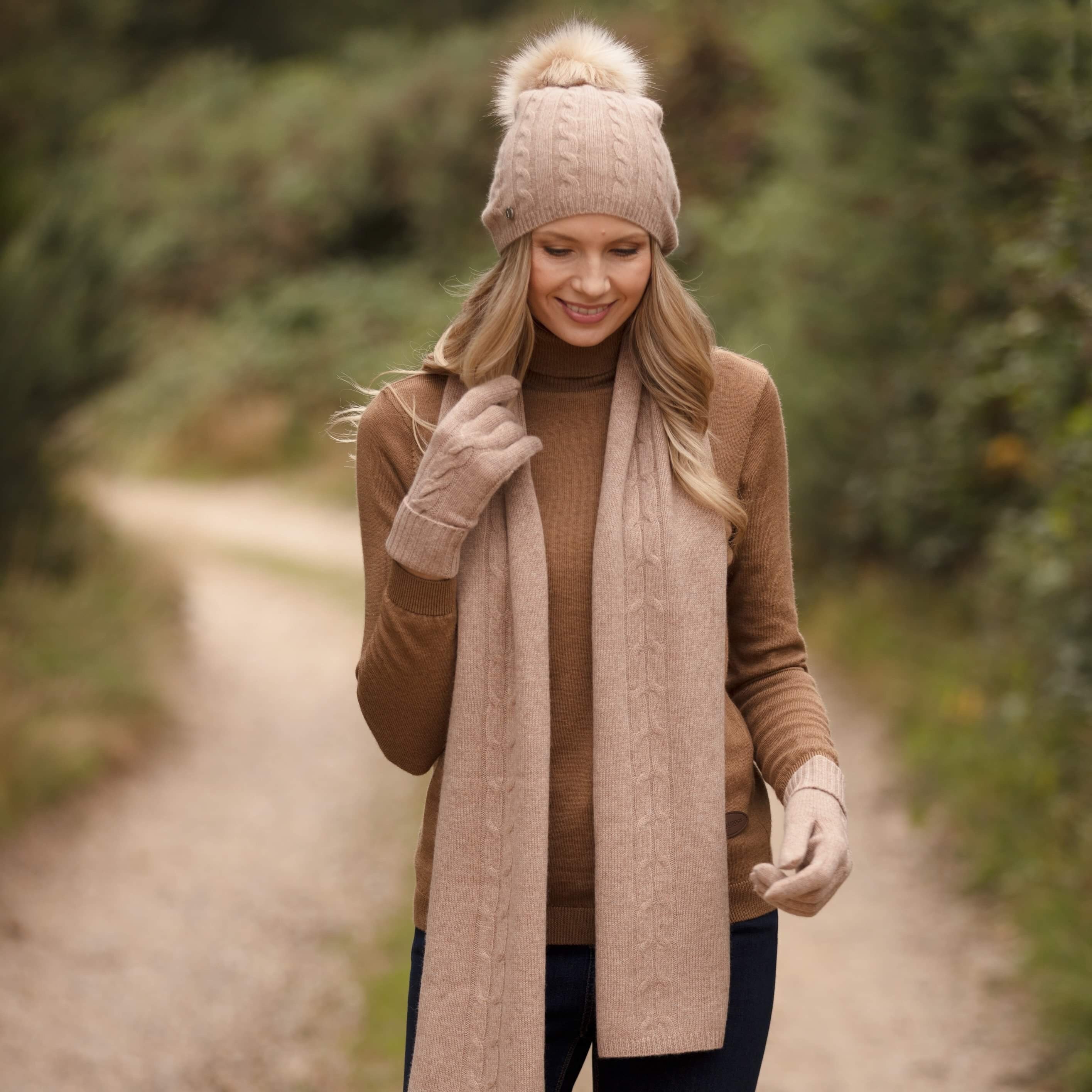 Chanel Cashmere Scarf, Pair of Gloves and Blue Hat Set For Sale at