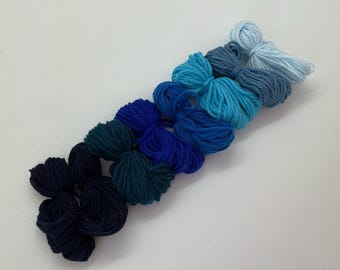 Pure cashmere darning yarn in various shades of blue, blue cashmere darning yarn