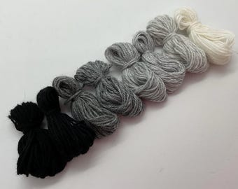 Pure cashmere darning yarn in various shades of black, through greys to cream thread, cashmere thread, darning thread, cashmere repair