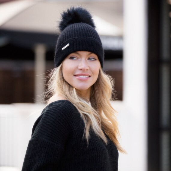 Ladies Black Cashmere Hat With Faux Fur Pom Pom Etsy Ladies Black Cashmere Hat With Faux Fur Pom Pom Etsy