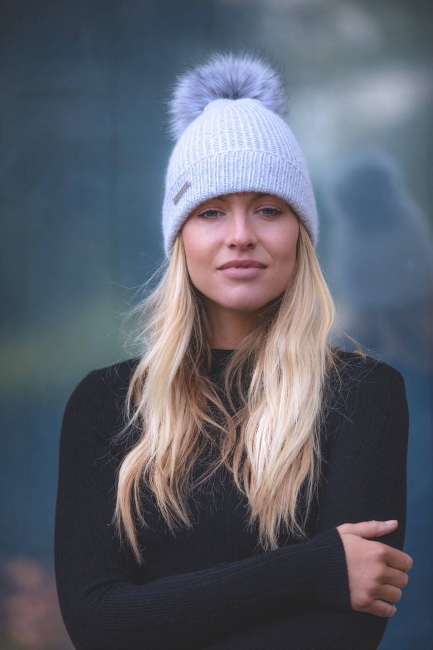 Fox Fur Cashmere Pom Pom Hat Grey And Cream