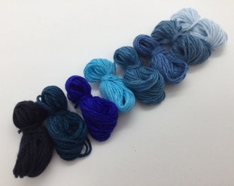 Pure cashmere darning yarn in various shades of blue, blue cashmere darning yarn