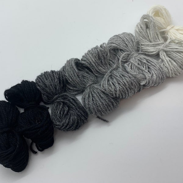 Pure cashmere darning yarn in various shades of black, through greys to cream thread, cashmere thread, darning thread, cashmere repair