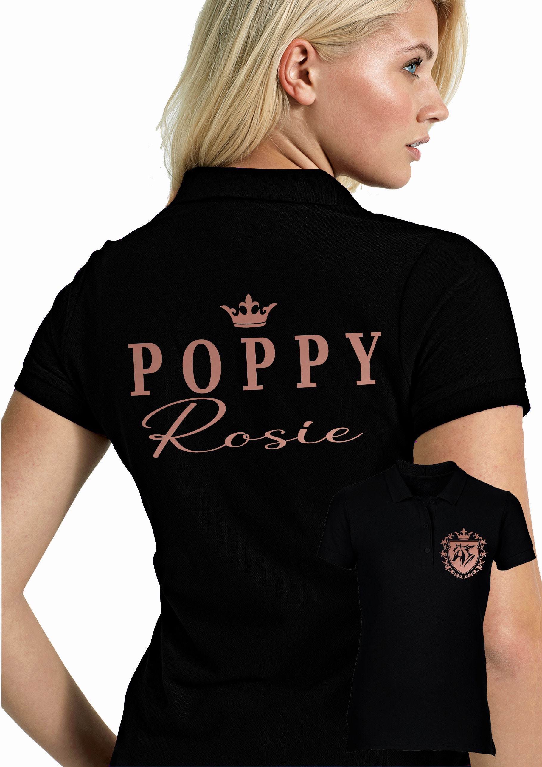Horse Lover Gift, personalised Horse Riding Ladies Polo Shirt equestrian leisure wear Boasting breast shield & back pearlescent print Kleding Dameskleding Tops & T-shirts Polos 