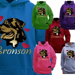 personalised dog breed hoodie,  stunning Rottweiler Rotty soft glitter print with sparkly glitter pink heats, dog Lovers Gift,