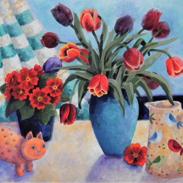 Acrylic painting ,acrylic painting original, original still life, original art, framed painting, ' Marmalade cat with Tulips'