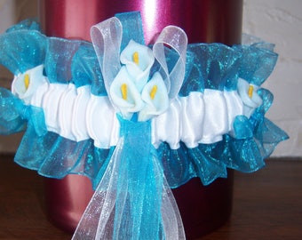 turquoise and white satin and organza garter