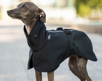 Softshell - Mantel für Iggy mit Reflektoren - italienisches Windhundkleid - SCHWARZ