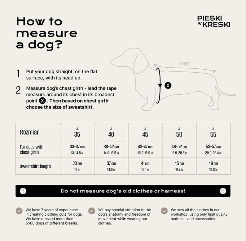 May include: A guide on how to measure a dog for a sweatshirt. The illustration shows a dachshund with a measuring tape around its chest. A table lists different sizes in inches and centimeters for chest girth and sweatshirt length.