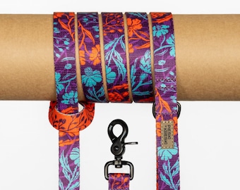 Dog leash for medium and big dogs, handmade accessories for dog walks - long dog leash - Fluo Flower