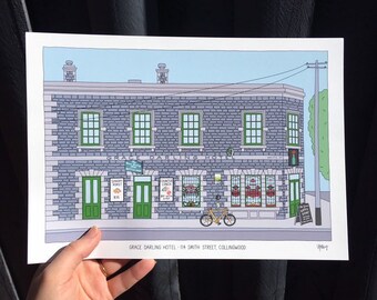 May include: Illustration of the Grace Darling Hotel in Collingwood, Australia. The building is gray with green doors and window frames. A bicycle is parked in front. The text "Grace Darling Hotel - 114 Smith Street, Collingwood" is visible.