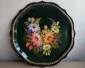 Vintage dark green metal tray with hand painted flowers made in USSR 1960s Round tray flowers Vintage flowered serving tray