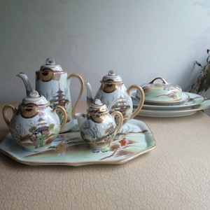 Antique Japanese porcelain and pottery mocha / coffee / tea / breakfast / lunch service Kutani Maruni Satsuma 1930s pagoda, Geisha, blossom