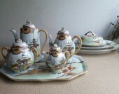 Antique Japanese porcelain and pottery mocha coffee tea breakfast lunch service Kutani Maruni Satsuma 1930s pagoda, Geisha, blossom