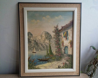Vintage original oil painting mediterranae house with flowers,  lake with gondola, sailboat and mountains 1950s in frame, oil on canvas