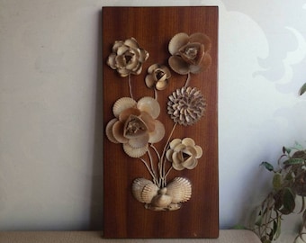 Vintage shells painting 1960s teak panel with clams, coral, horn and various other shells | Flowers of shells | Vintage sea shells collage