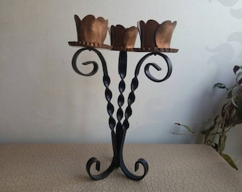 Antique wrought iron candlestick with three black legs and copper flowers 1950s | Metal candlestick | Vintage ironwork candlestick