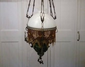 Antique hanging lamp model oil lamp with white opaline shade, green oil reservoir, beaded fringe, richly decorated, height adjustable 1910s