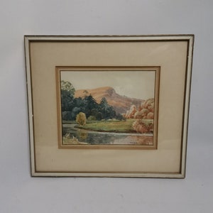 Antique small watercolor landscape with mountain trees and river in frame 1900s Small antique landscape in watercolor | Framed landscape