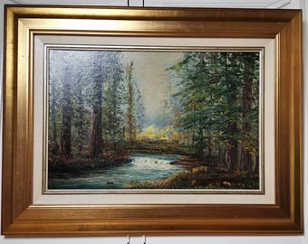 Rio de pintura a óleo original vintage na floresta em moldura dupla da década de 1990 Óleo sobre painel | Paisagem florestal emoldurada com rio