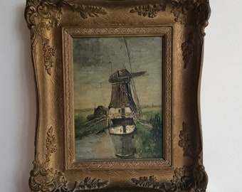 Petit moulin à peinture à l’huile original antique sur un canal de polder Pasman d’après Paul Gabriel dans le cadre des années 1930 huile sur panneau moulin à peinture