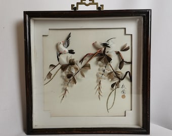 Vintage Chinese diorama of feathers with birds and liana 1960s Chinese panel birds in tree | Chinese wall art 3D birds | Showcase bird