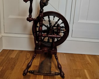 Antique spinning wheel made of wood with bone decoration and woodturning 19th century | Decorative spinning wheel | Folk art spinning wheel