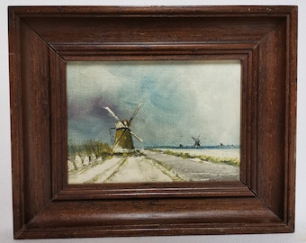Cuadro pequeño vintage Paisaje invernal holandés con molinos de viento en marco de madera Óleo sobre panel de los años 80 | Molino de pintura en miniatura Países Bajos