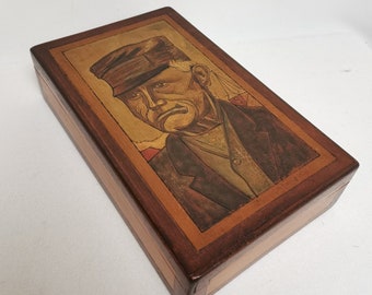 Antique wooden storage box hand painted with portrait of old man farmer fisherman traditional costume 1920s Antique box Holland Painted box